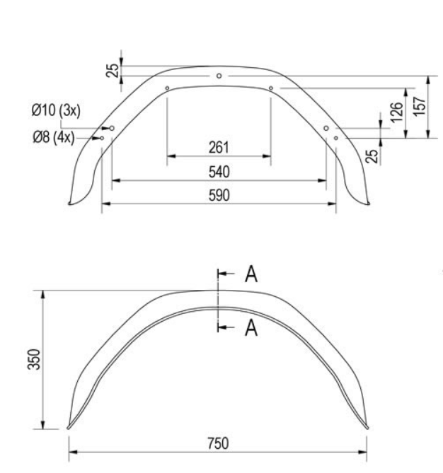 Origineel Hapert spatbord metaal 750x220x350 mm - omtrek 1150 mm - technische tekening