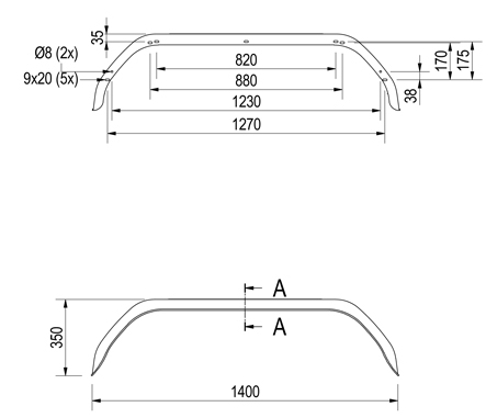 Origineel Anssems tandem spatbord metaal 1400x220x350 mm - omtrek 1800 mm - technische tekening