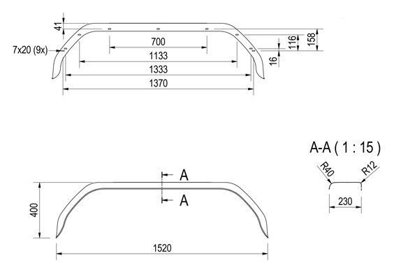 Origineel Anssems tandem spatbord metaal 1520x230x400 mm - omtrek 1980 mm - technische tekening