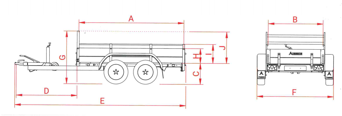 Anssems GTT 1500 R bakwagen - 1500 kg bruto laadvermogen - 301x126 cm laadoppervlak - geremd - inclusief reling en voorrek - 1.10.1.0606.01 - technische tekening
