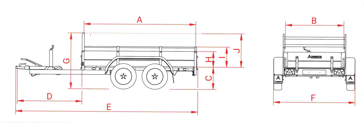 Anssems GTT 750 R bakwagen - 750 kg bruto laadvermogen - 251x126 cm laadoppervlak - ongeremd - inclusief reling en voorrek - 1.10.1.0305.01 - technische tekening