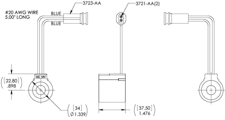 Solenoid  12V voor hydraulische pomp - technische tekening