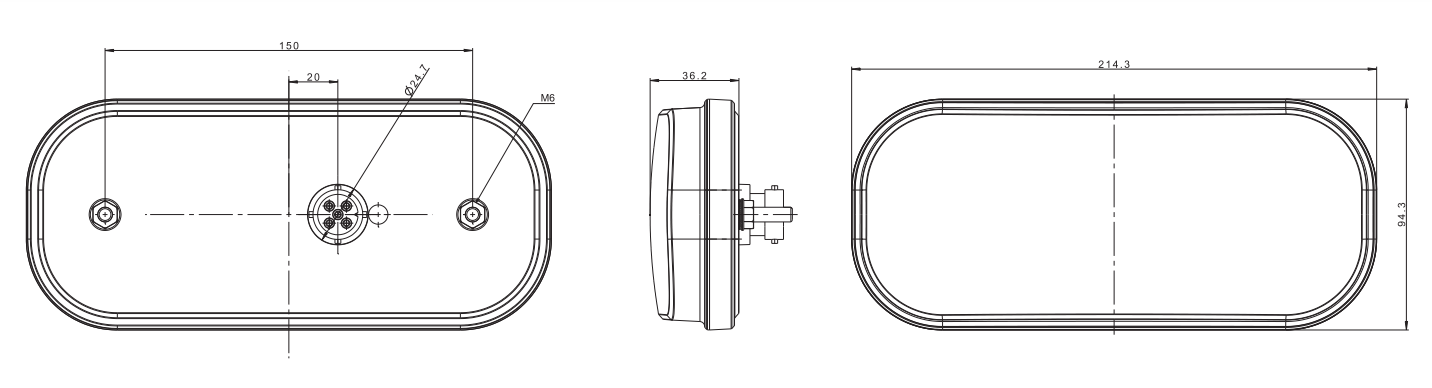 Fristom FT-230 rechts - mit Rückfahrscheinwerfer - LED 215x95x38 mm - Technische Zeichnung