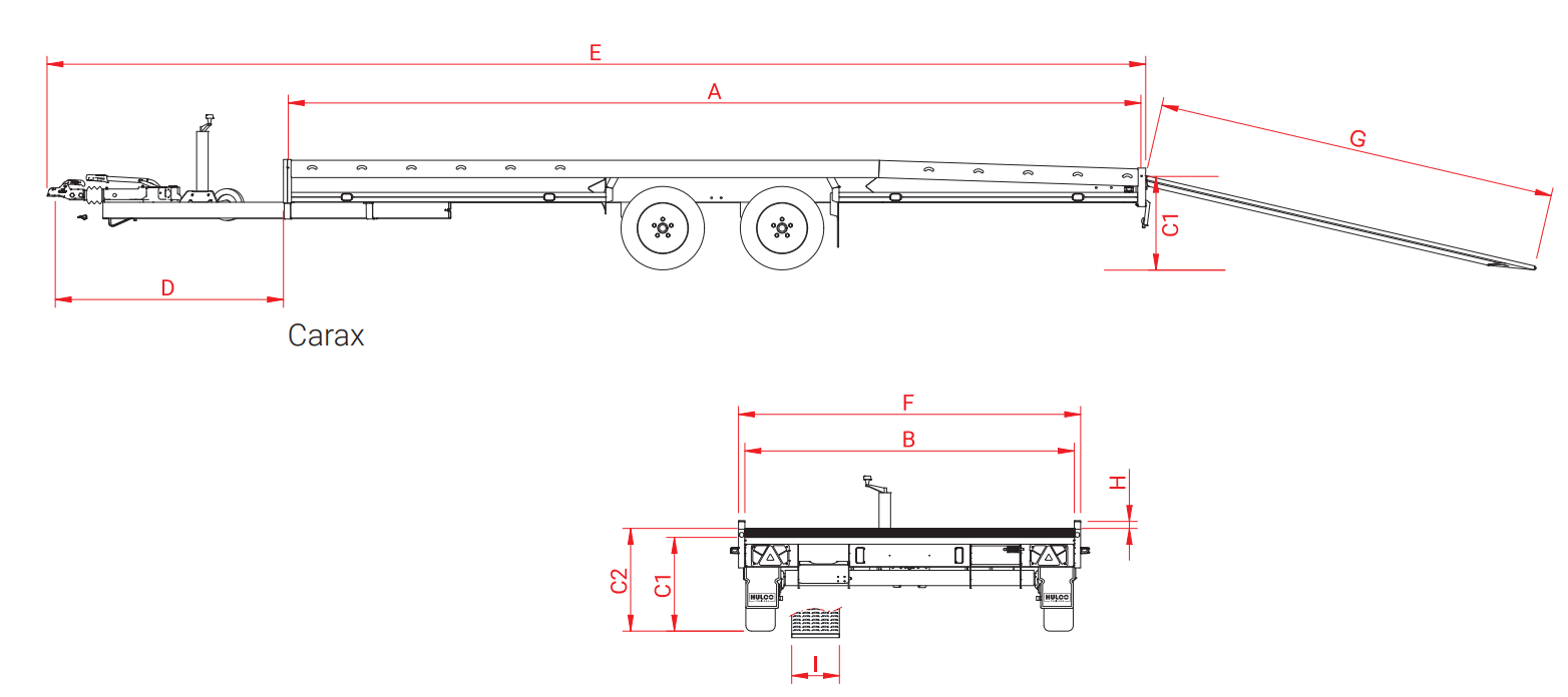 Geremde Hulco autotransporter - 540x207 cm - 3500 kg bruto laadvermogen - 63 cm laadvloerhoogte - inclusief oprijplaten