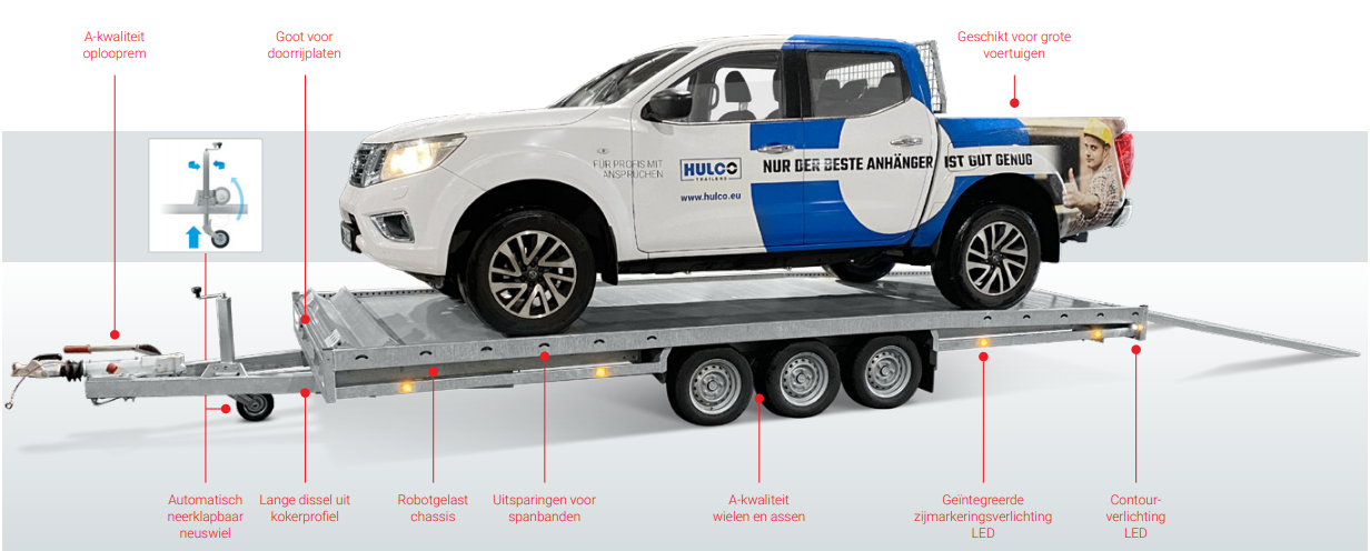 Geremde Hulco autotransporter - 540x207 cm - 3500 kg bruto laadvermogen - 63 cm laadvloerhoogte - inclusief oprijplaten