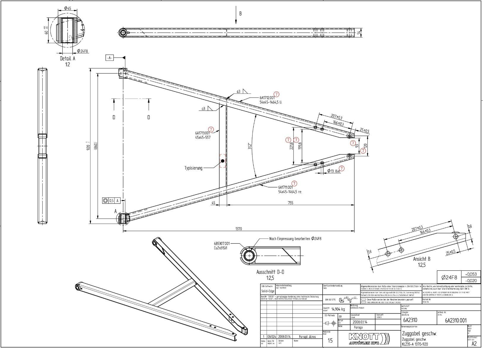 Knott triangel KLZ35-A - 3500 kg maximaal trekvermogen - technische tekening