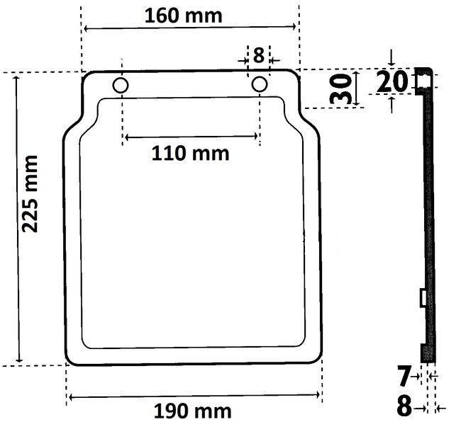 Spatlap aanhanger flexibel kunststof (190x220 mm) - technische tekening