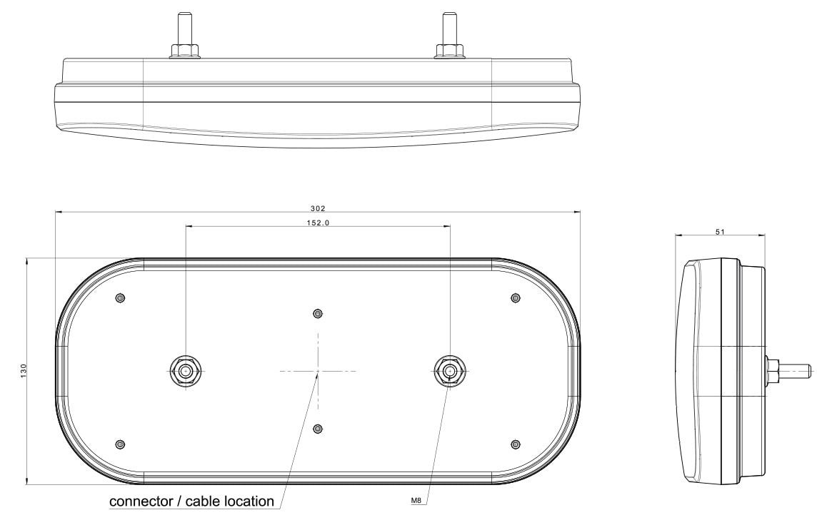 Fristom FT-610 rechts - LED 302x130x51 mm - met dynamische richtingaanwijzer - 100 cm losse draad aansluiting