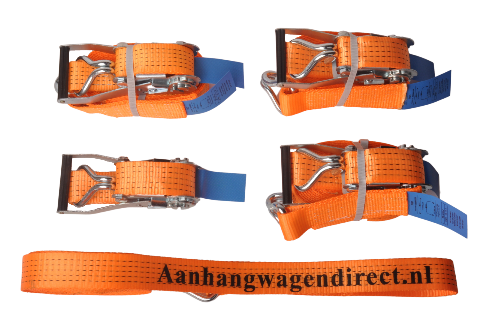Set van 4 spanbanden 800x5 cm - oranje met Aanhangwagendirect.nl bedrukking - breekbelasting 5000 kg