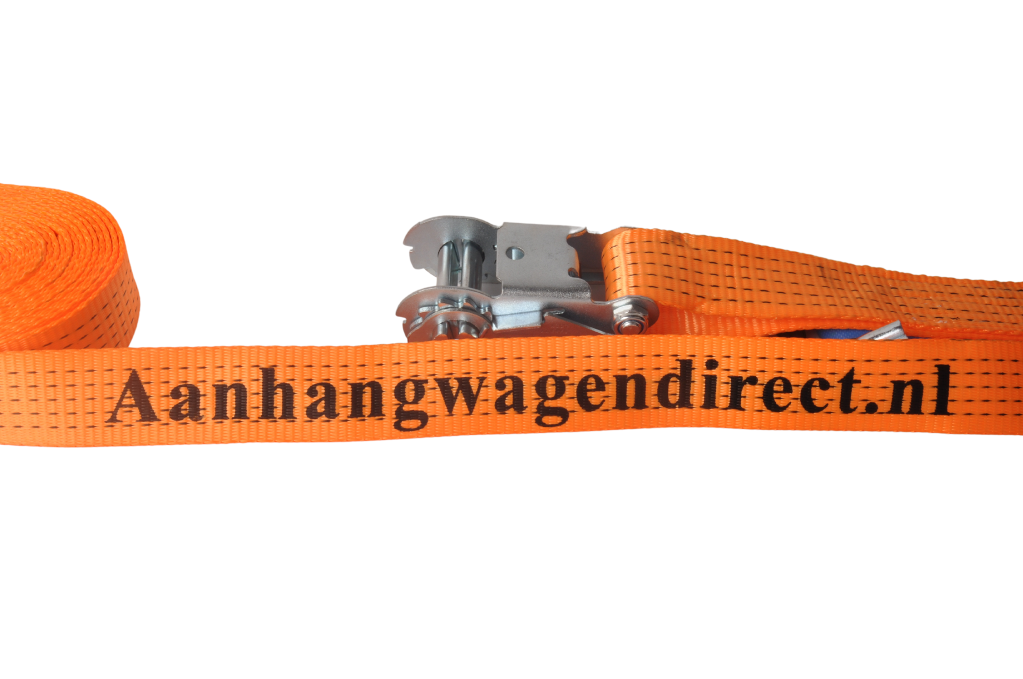 Set van 4 spanbanden 800x5 cm - oranje met Aanhangwagendirect.nl bedrukking - breekbelasting 5000 kg