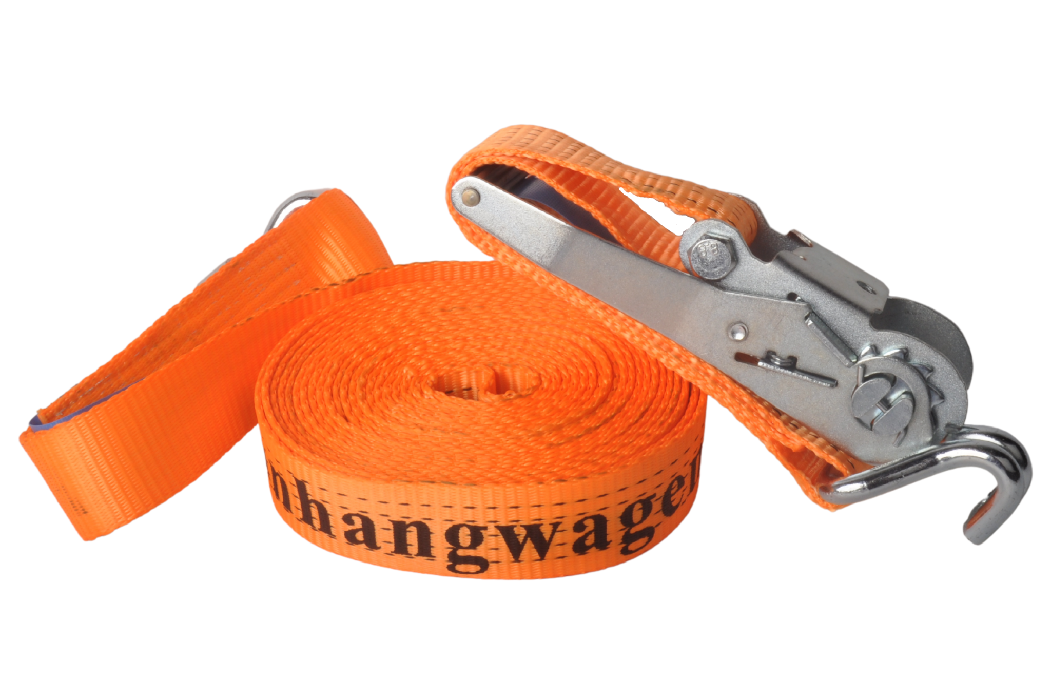 Set van 4 spanbanden 800x5 cm - oranje met Aanhangwagendirect.nl bedrukking - breekbelasting 5000 kg