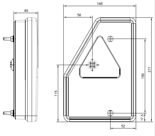 Fristom FT-277 rechts - inclusief achteruitrijverlichting - LED - 211x146x49 mm  - technische tekening