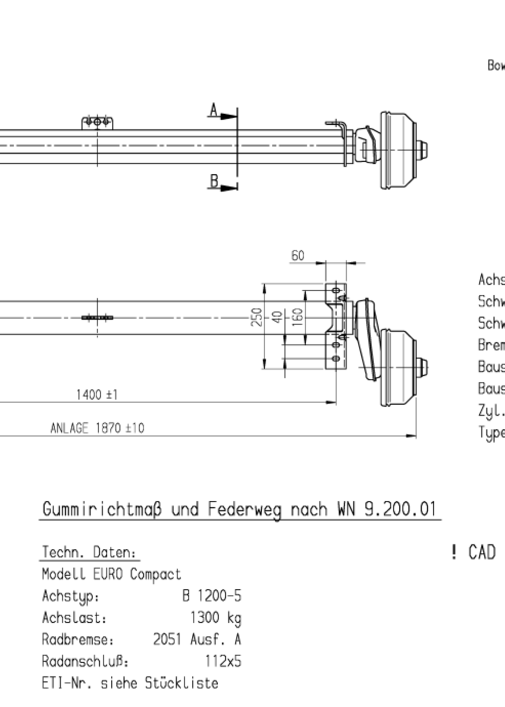 AL-KO Geremde torsie as - 1300 kg - padmaat 1400 mm - flensmaat 1870 mm - 5 gats
