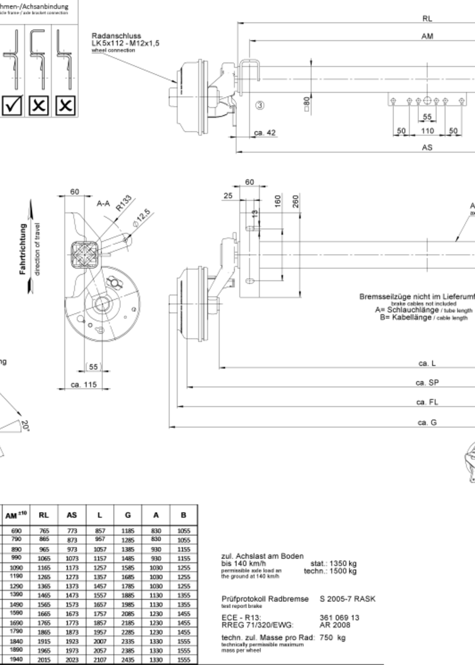 AL-KO Geremde torsie as - 1350 kg - padmaat 1690 mm - flensmaat 2185 mm - 5 gats