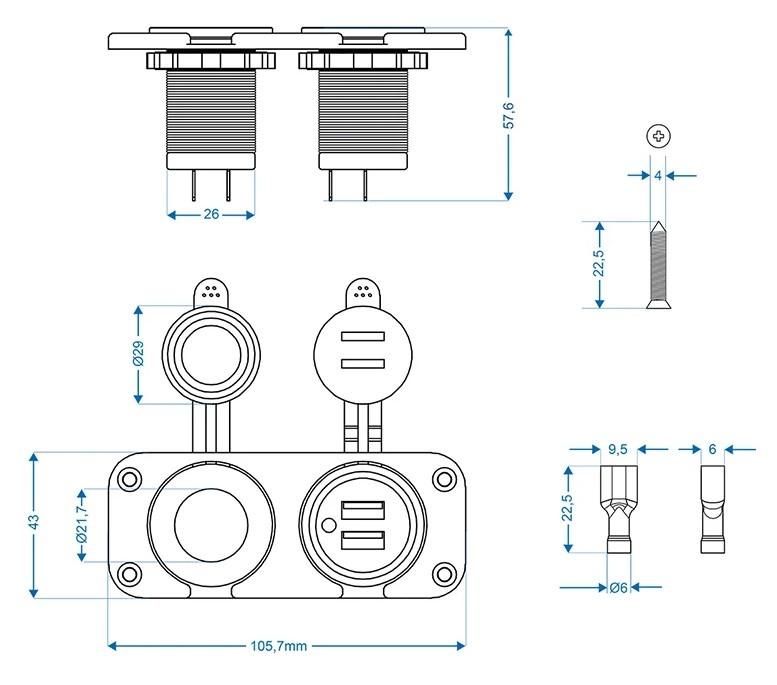 Inbouw kit - stekkerdoos DIN + 2x USB poort 2x2100mA - technische tekening