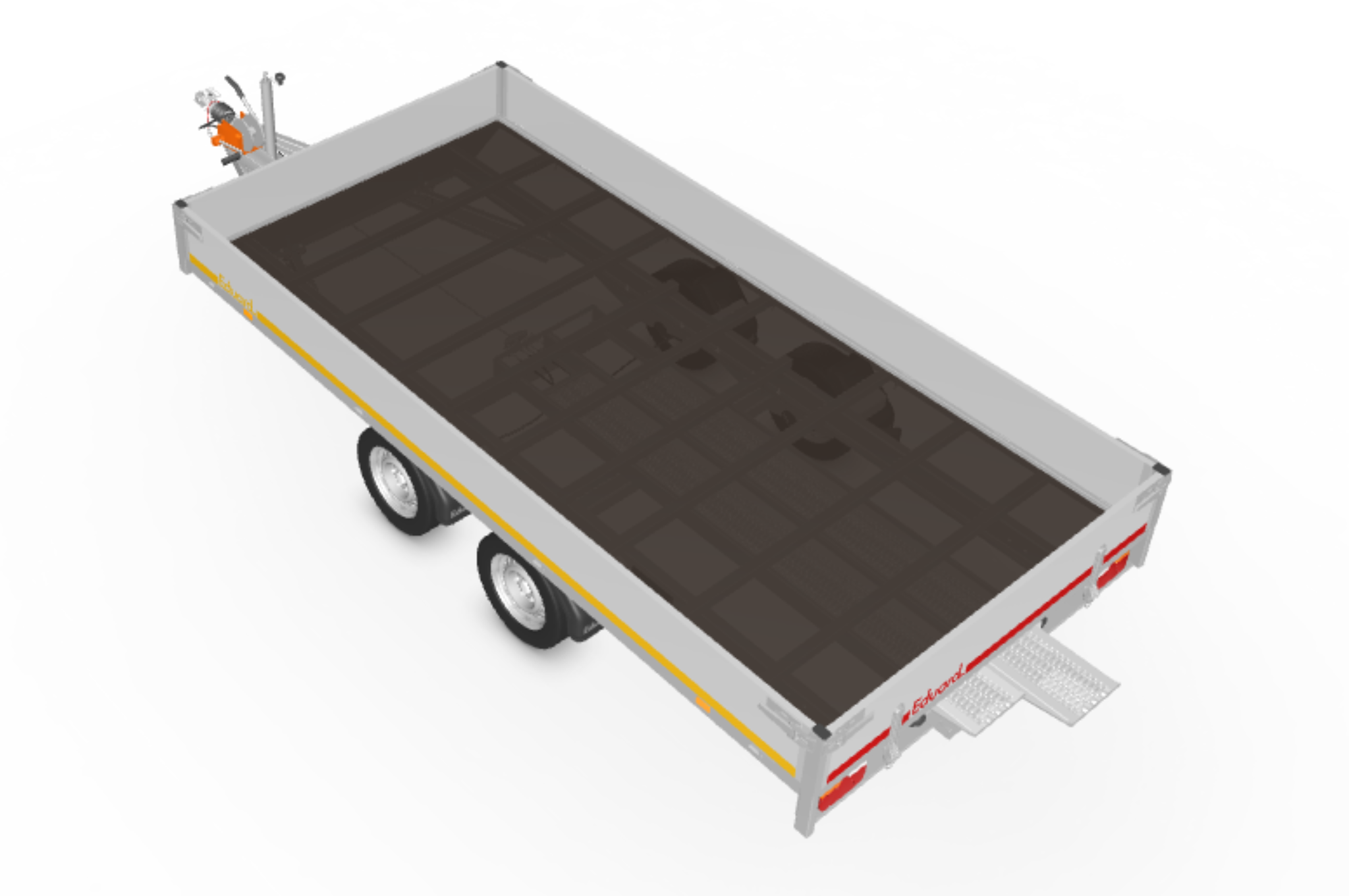 Geremde Eduard multitransporter - 406x200 cm - 3000 kg bruto laadvermogen - 63 cm laadvloerhoogte - 30 cm borden - inclusief oprijplaten en handlier