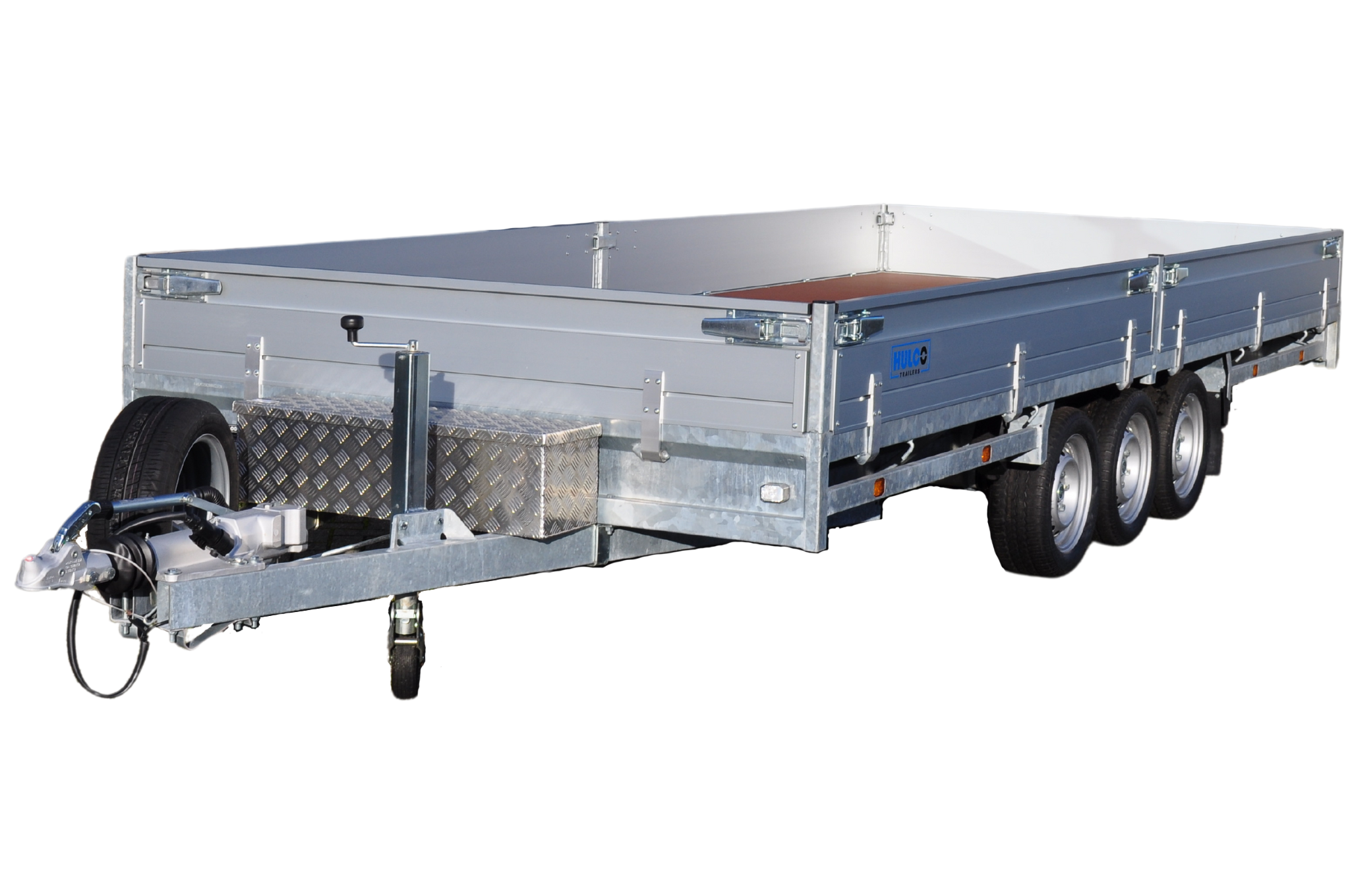 Magazijn uitverkoop - geremde Hulco Medax plateauwagen - 502x203 cm - 3500 kg bruto laadvermogen - 30 cm borden - tridemasser - met gratis disselkist en reservewiel + houder
