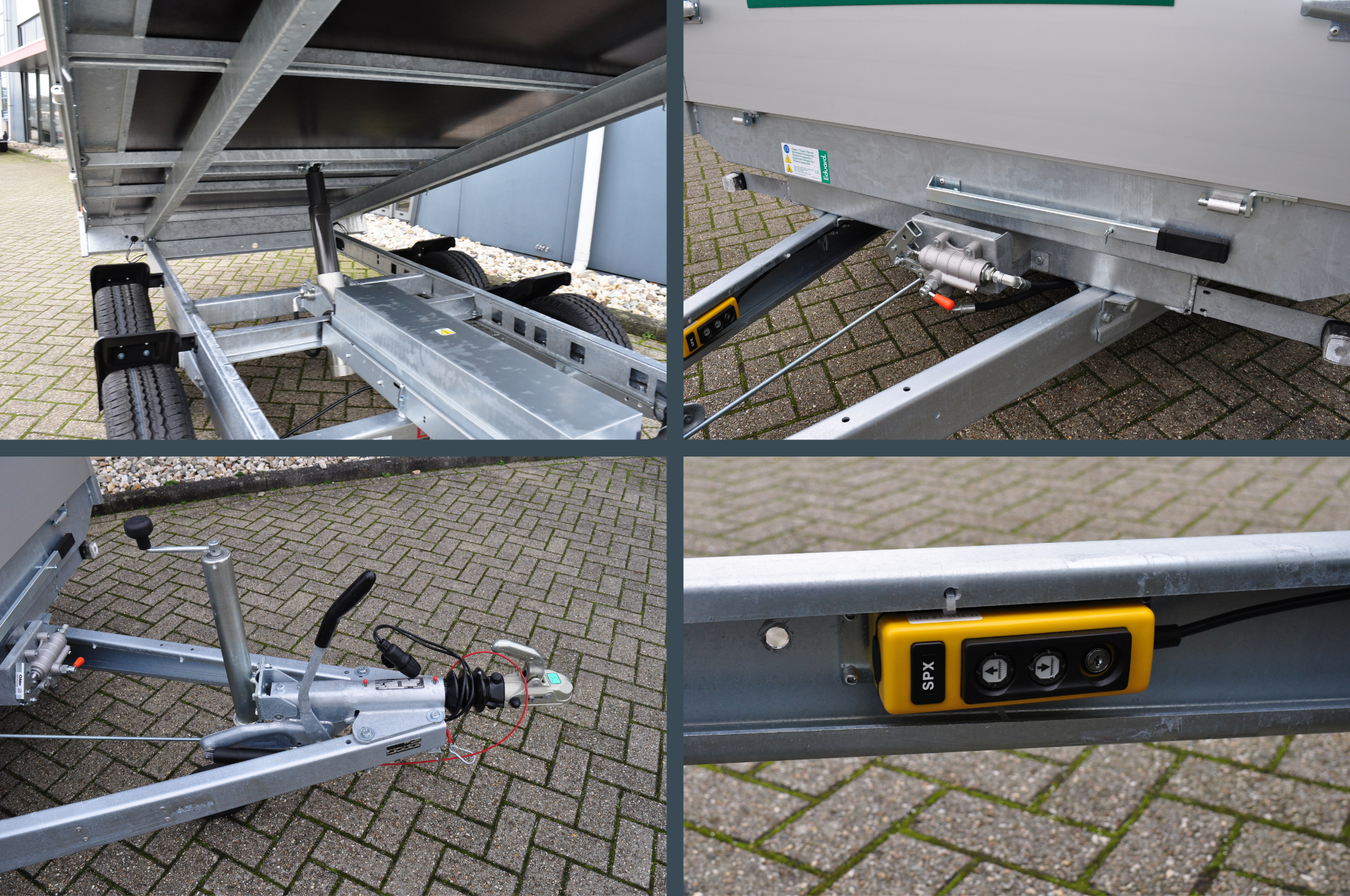 Geremde Eduard achterwaartse kipper - 310x180 cm - 2700 kg bruto laadvermogen - elektrisch, extern laden + handpomp - 63 cm laadvloerhoogte