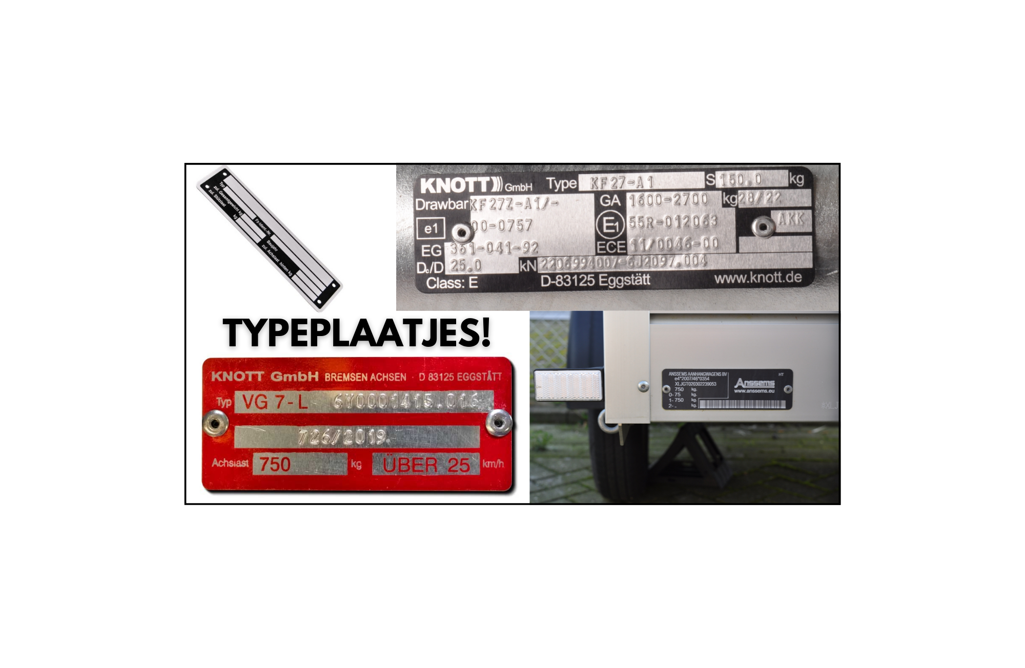 De verschillende aanhanger typeplaatjes