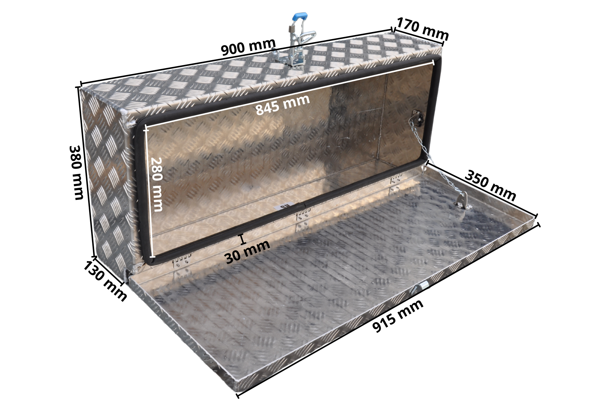 DE HAAN BOX H - 900x380x190 mm - waterdichte en stofdichte aluminium traanplaat disselbak - voorzien van vlinderslot of spansluiting