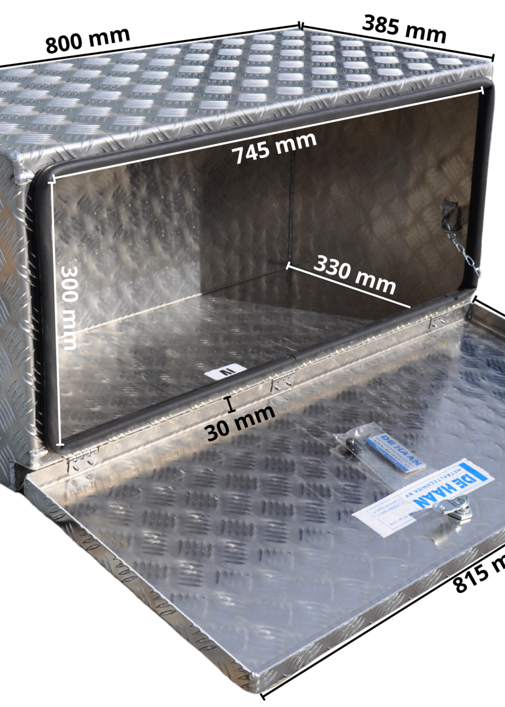 De Haan DE HAAN BOX I - 800x400x400 mm - waterdichte en stofdichte aluminium traanplaat disselbak - voorzien van vlinderslot, spansluiting of t-sluiting