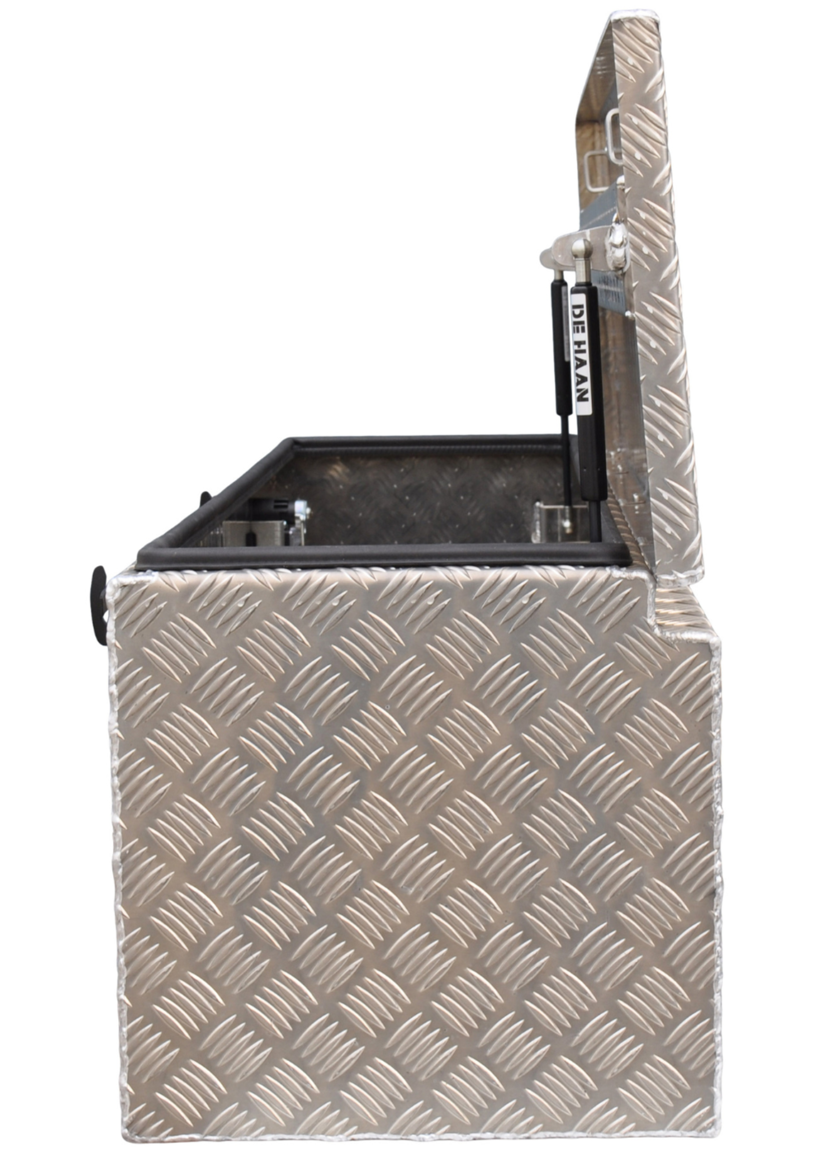 De Haan De Haan Box - 1200x400x400 mm - water en stofdichte aluminium traanplaat disselbak - voorzien van gasveren en 2 t-sluitingen