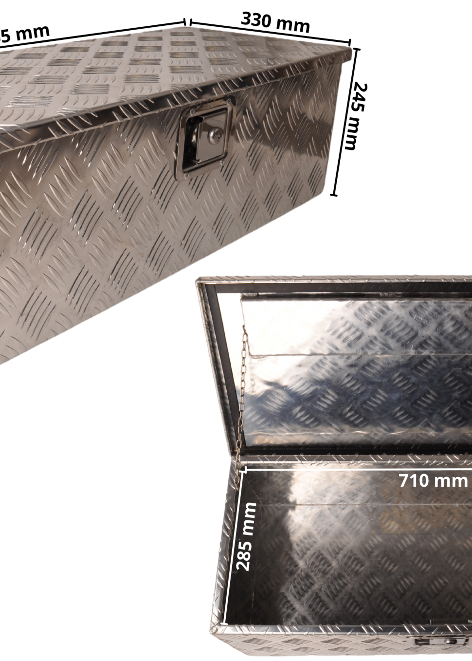 Cantonal Traanplaat aluminium disselkist/gereedschapkist/disselbak met handvaten 765x330x245 mm -  inclusief geïntegreerd slot - 2,5 mm dik materiaal