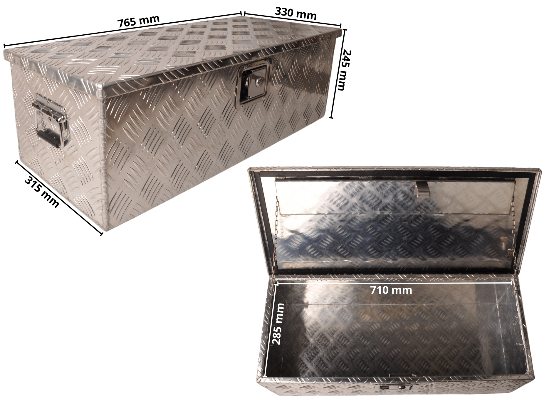 Traanplaat aluminium disselkist/gereedschapkist/disselbak met handvaten 765x330x245 mm - inclusief geïntegreerd slot - 2,5 mm dik materiaal