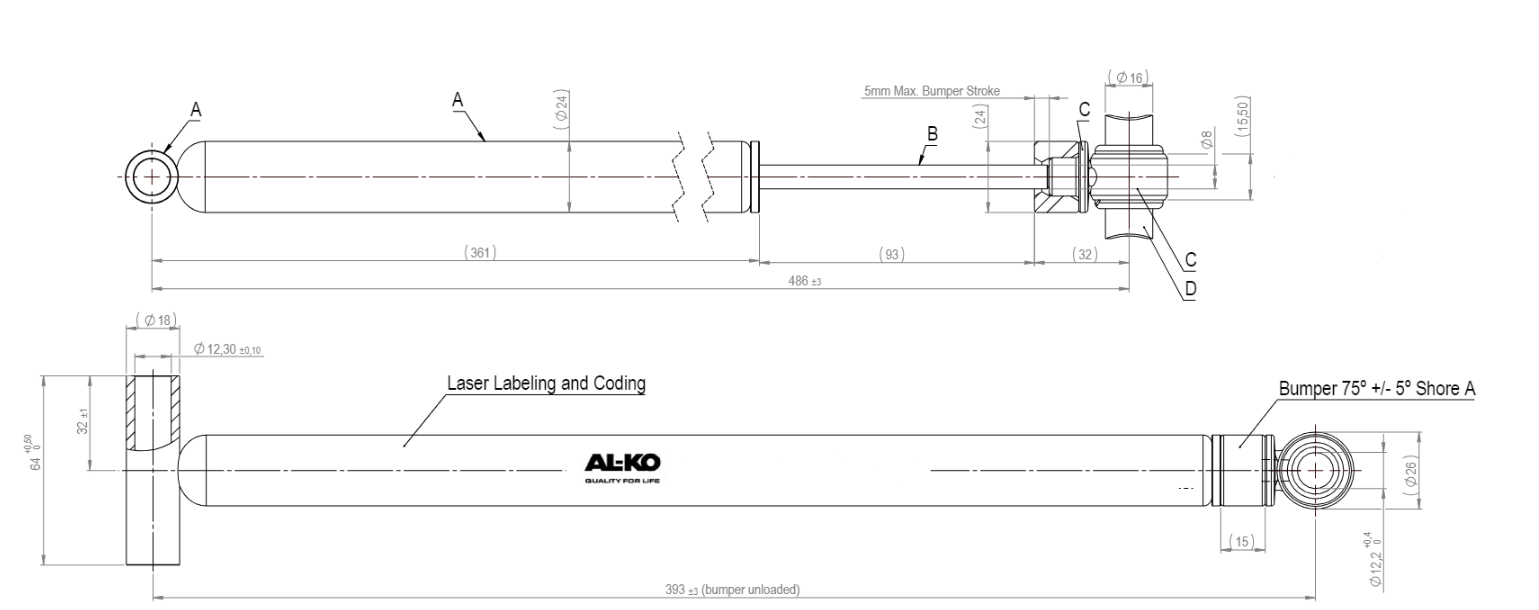 AL-KO oploopremdemper - 161S - 486 mm uitgeschoven lengte - montage koppelingskant 65 mm