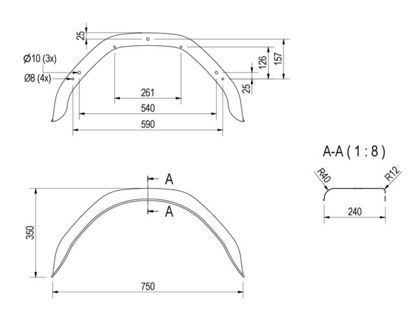 Spatbord metaal 750x240x350 mm - omtrek 1150 mm