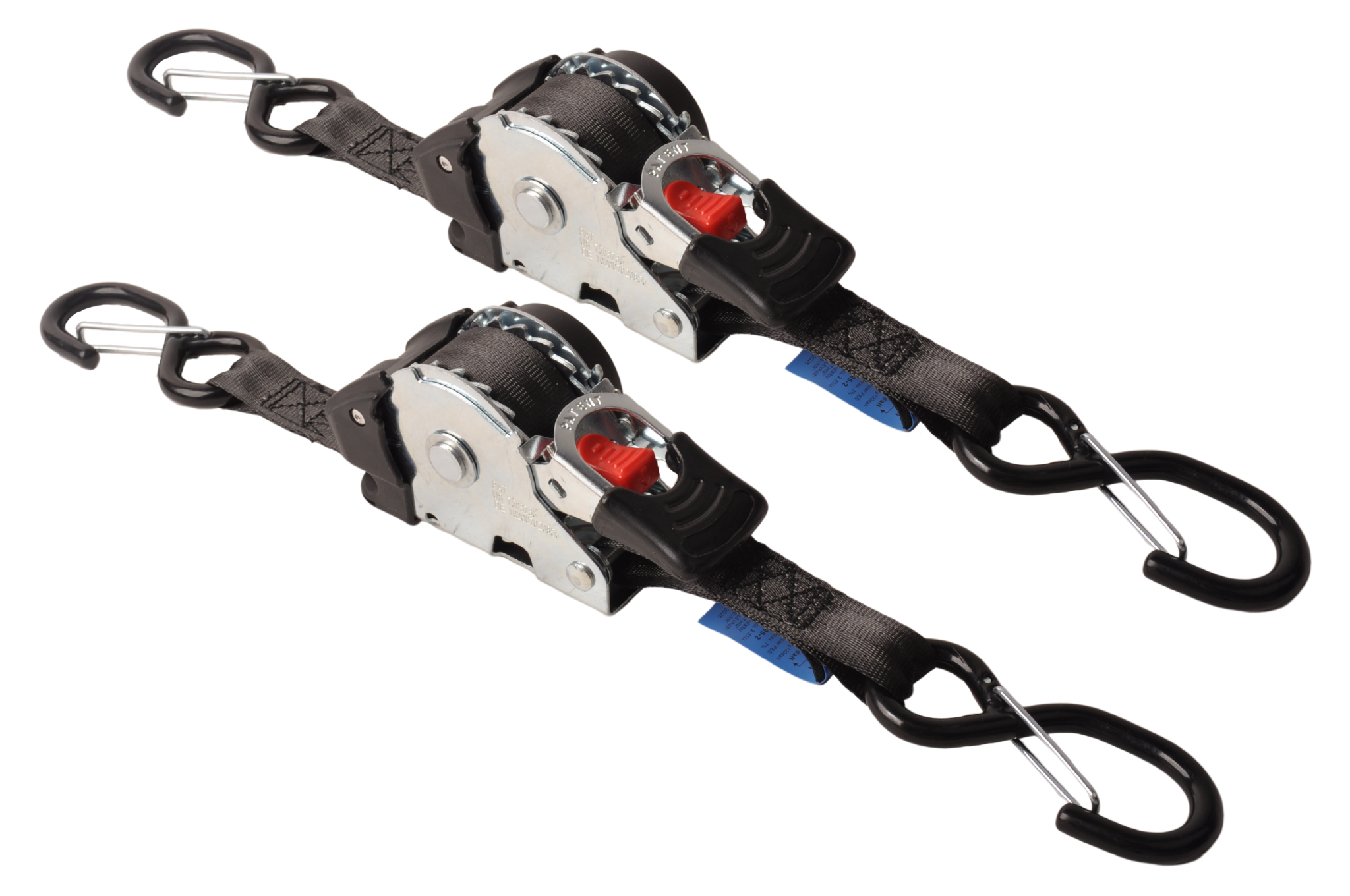 Automatisch oprollende spanband 300x2,5 cm - met S-haken en borgveer - 600 kg - set van 2 stuks