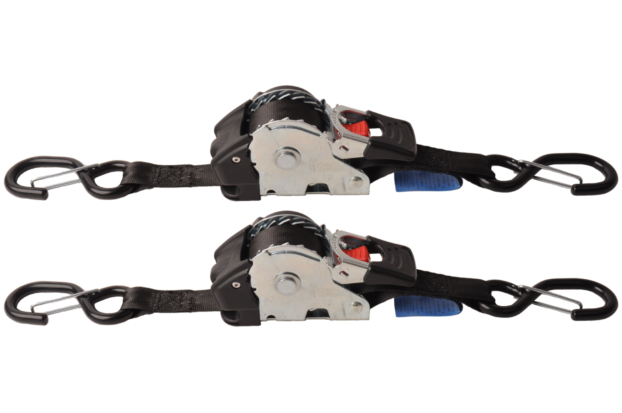 Automatisch oprollende spanband 300x2,5 cm - met S-haken en borgveer - 600 kg - set van 2 stuks