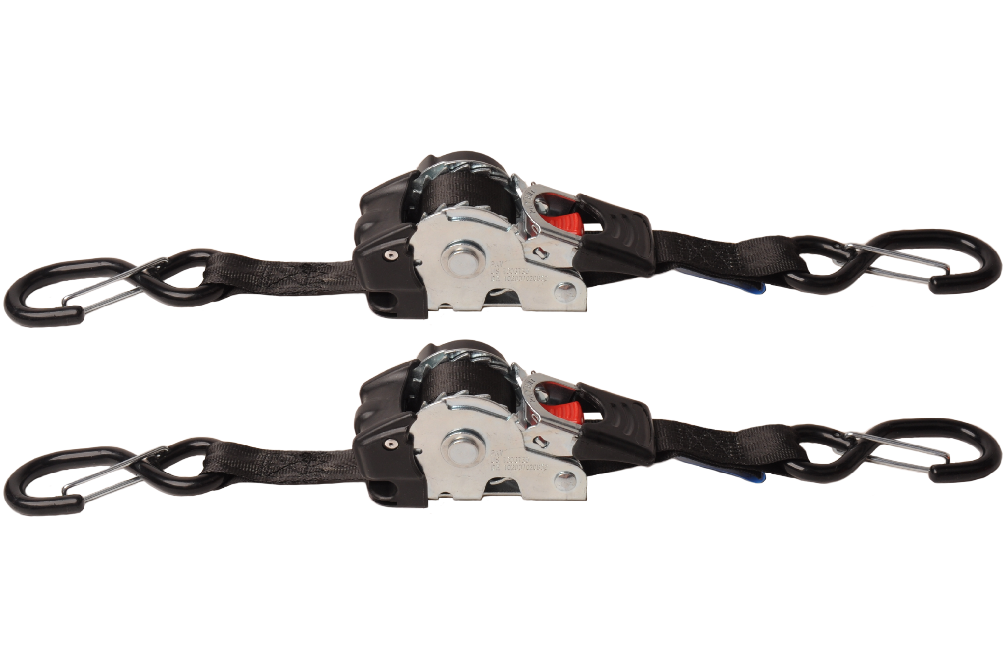 Automatisch oprollende spanband 180x2,5 cm - met S-haken en borgveer - 600 kg - set van 2 stuks