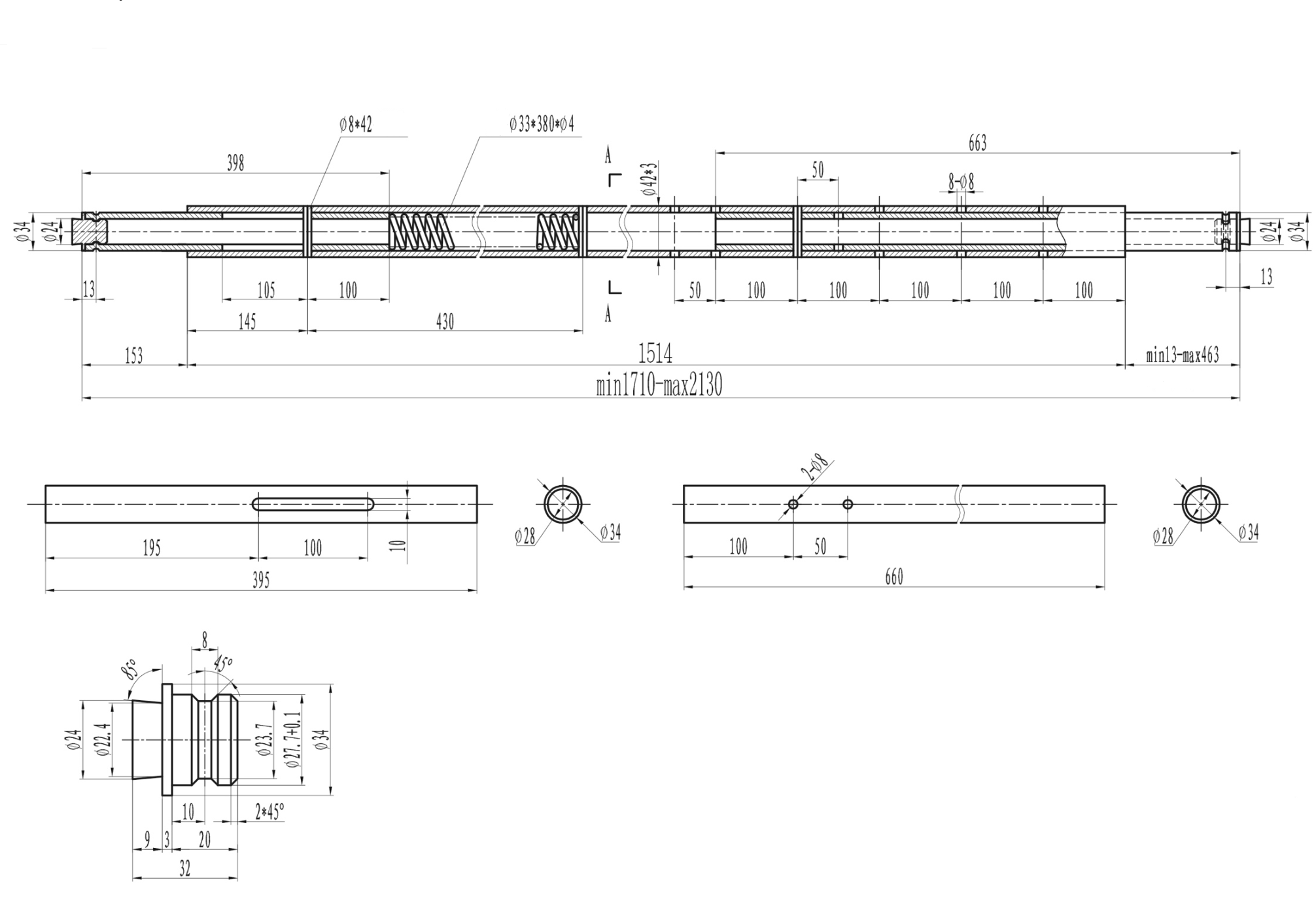 Telescoopstang 1710 > 2130 mm voor vastzetrail