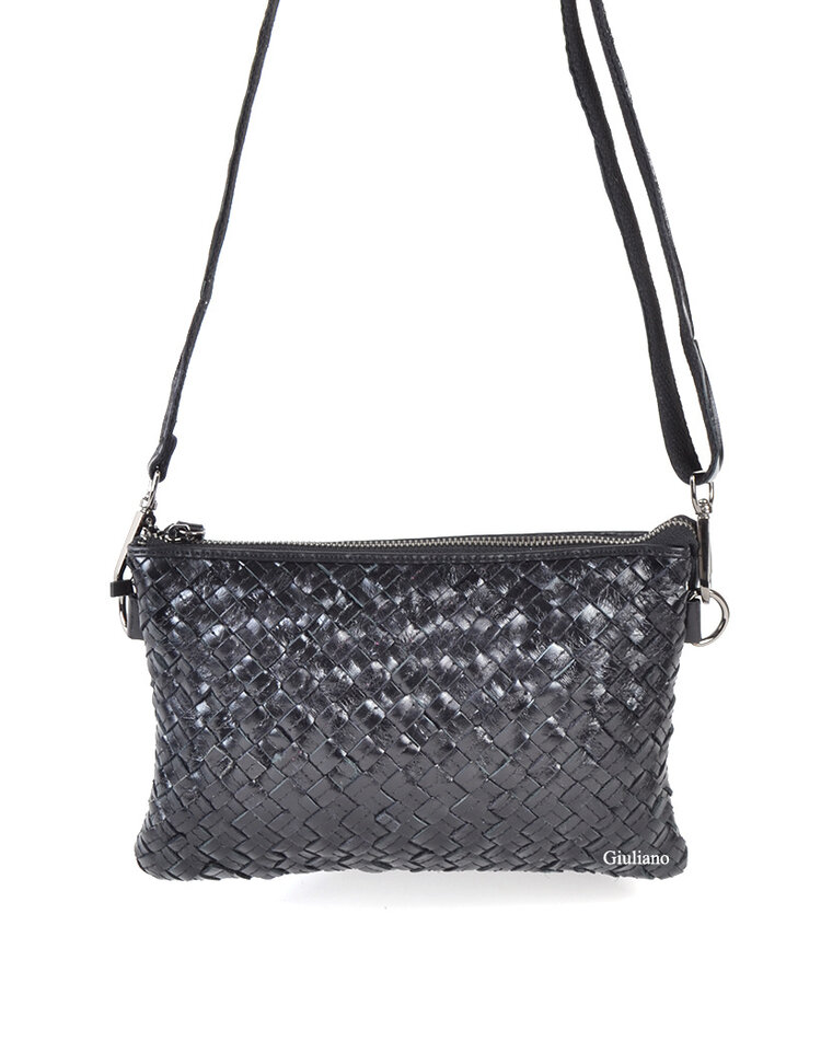 Leder-Clutch/Schultertasche | Schwarz geflochten