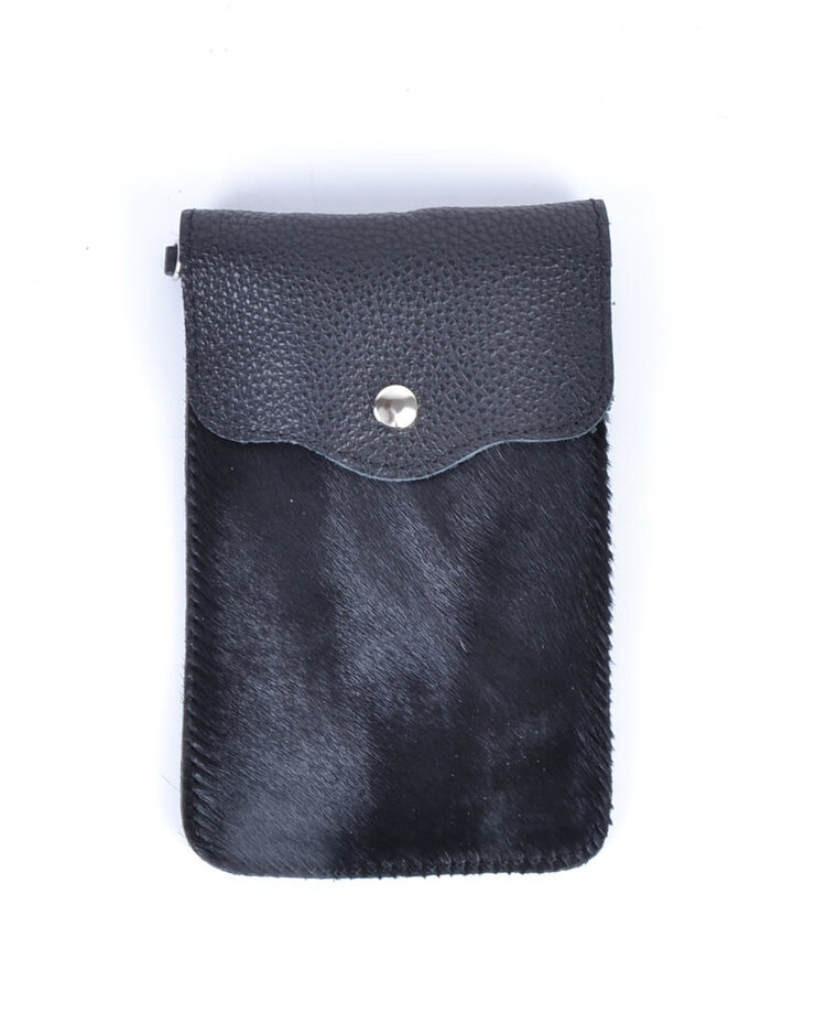 Kleine Leder-Schultertasche mit Fell | Schwarz