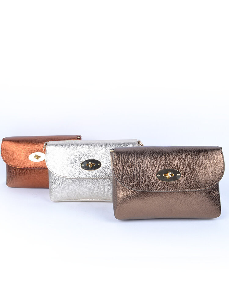 Leather shoulderbag/clutch metallic