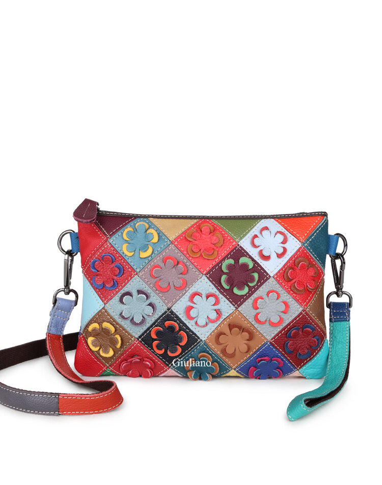 Leder-Schultertasche | Clutch | Blumen