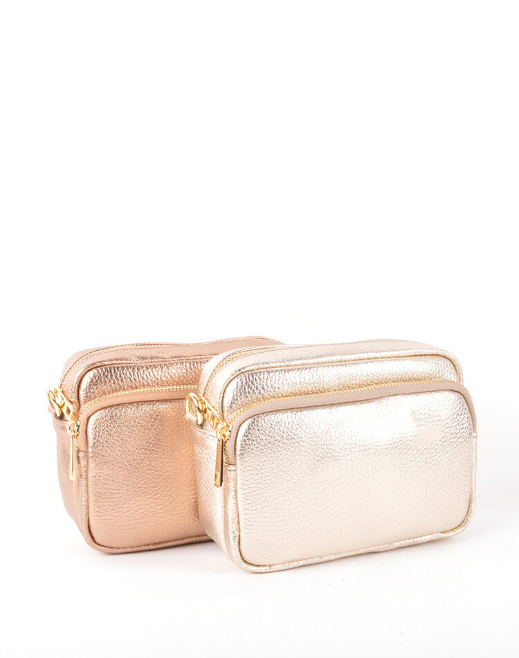 Metallic Leder-Schultertasche mit 2 Fächern | 5528310
