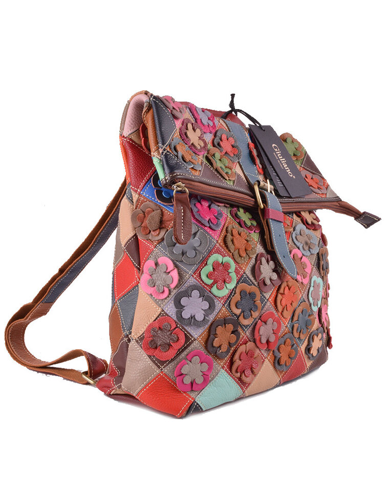Leather bagpack | Multicolor flowers | 552683