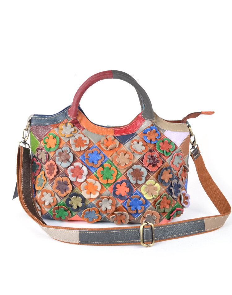 Lederen handtas | Multicolor bloemen geblokt | 552257