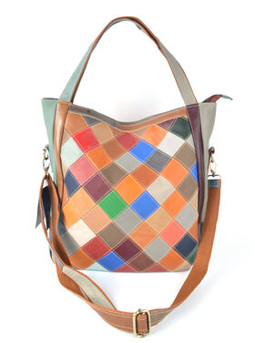 Lederen handtas | Multicolor bloemen geblokt | 552685