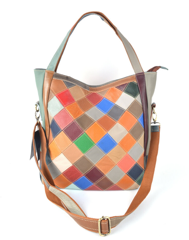 Leather handbag| Multicolor flowers checked | 552685