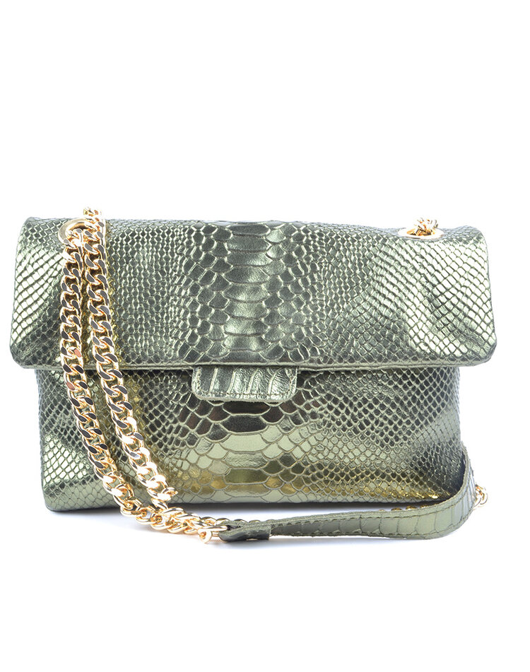 Lederen schoudertas Snake metallic Groot