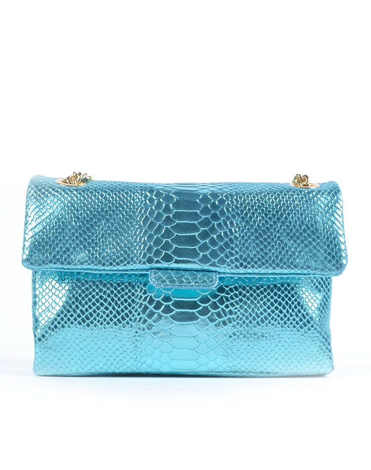 Lederen schoudertas Snake metallic Groot