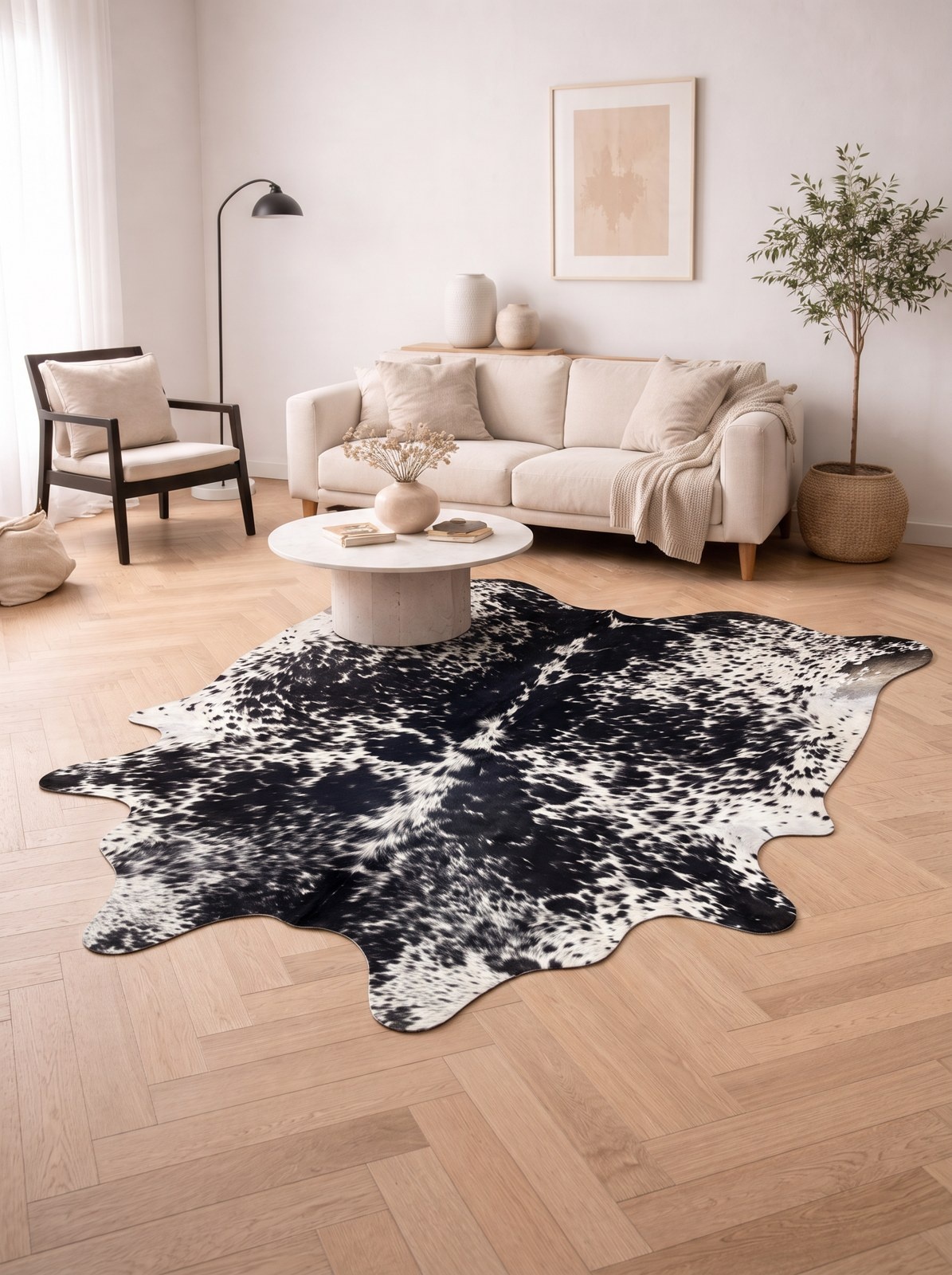 Olijfgroene koeienvacht als vloerkleed