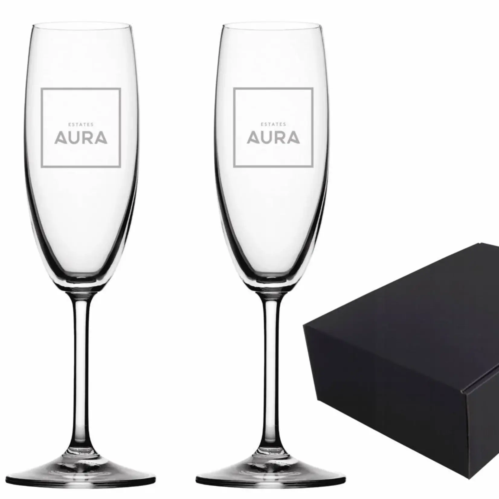 2 Champagneglazen met gravering 17 cl in geschenkdoos