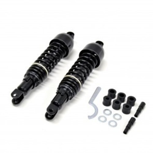 Emgo Amortiguadores Cafe Racer Negros Type 2 - Gloss Black, Fijación Eye/Clevis, 340 mm o 365 mm, con Kit de Montaje para Honda CB/CBX (CB650SC/CB750F/CB900F/CBX1000/CB1100F) 1979-1983