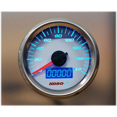 KOSO (max 160 kmh / mph) D48 GP Style Speedometer, ODO, Trip, White Dial