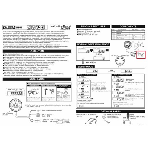 Daytona Kit de câble d'induction pour Velona, Asura et Nano connexion compte-tours RPM